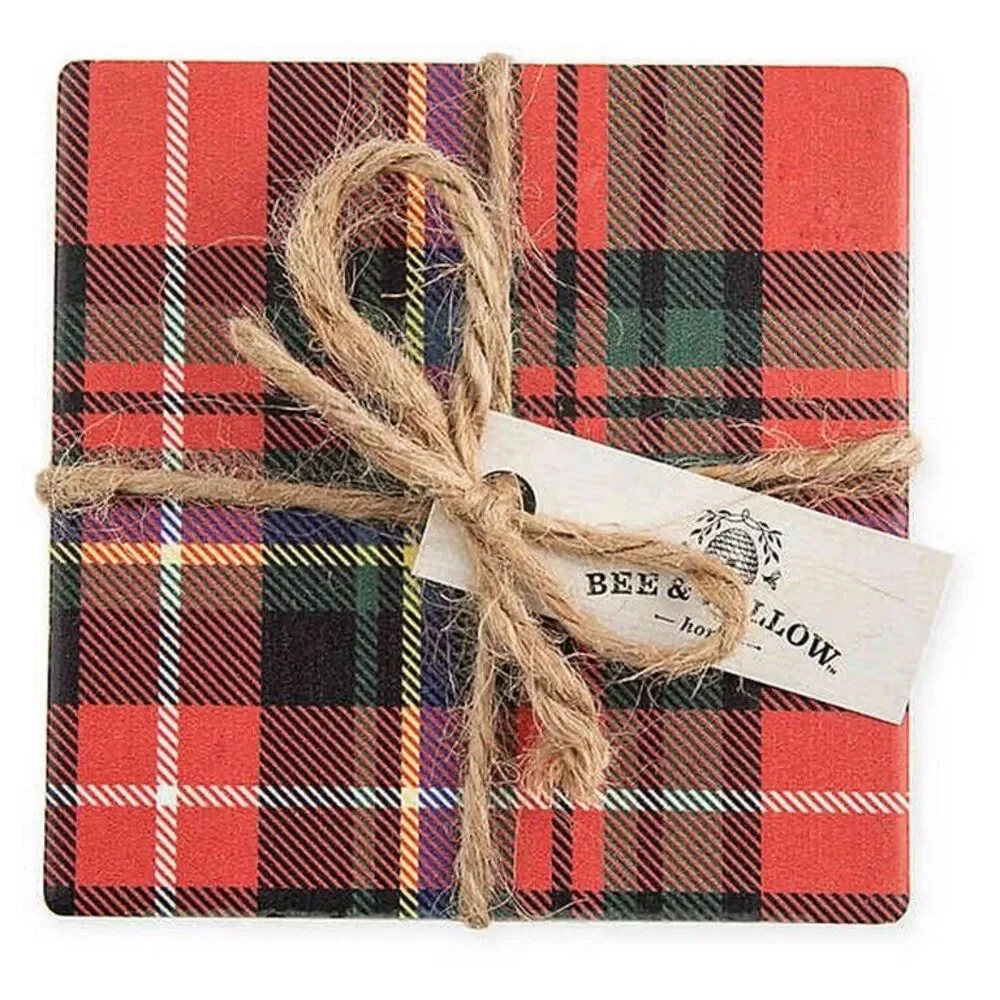 Bee & Willow Tartan Plaid Beverage Coasters Red Set of 4 Cork Bottom Christmas
